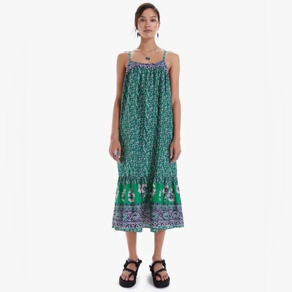 Xirena Dakota Intro Vert Green Paisley Cotton Silk Midi Tank‎ Boho Dress Size L